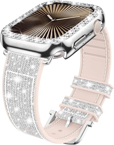 Miniatura 12 de Goton Bling - Correa de silicona brillante compatible con Apple Watch de 1.772 pulgadas (45mm) con protector de borde [sin vidrio], correa que