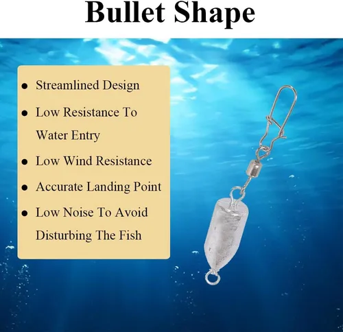 Miniatura 8 de SagaSave 5PCS Pesca Peso aerodinámico forma bala con anillos de conexión de acero inoxidable para pesca de mar, pesca en hielo