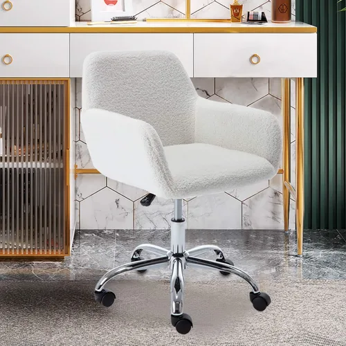 Miniatura 7 de Silla de tocador de piel sintética, elegante silla de tocador blanca esponjosa para niñas y mujeres, moderna silla tapizada para oficina en casa