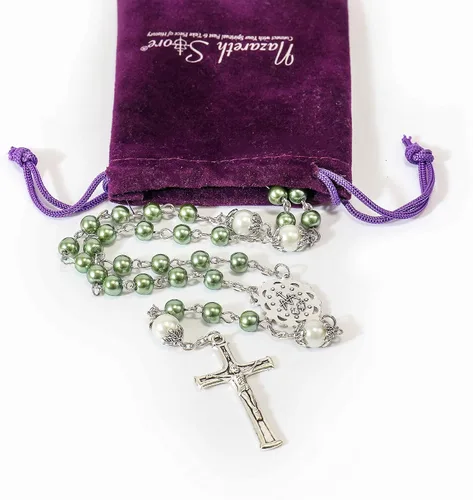 Miniatura 4 de Nazareth Store - Collar de cuentas de perlas rosario blanco Padre Nuestro con medalla de Lourdes y crucifijo de cruz devoción espiritual