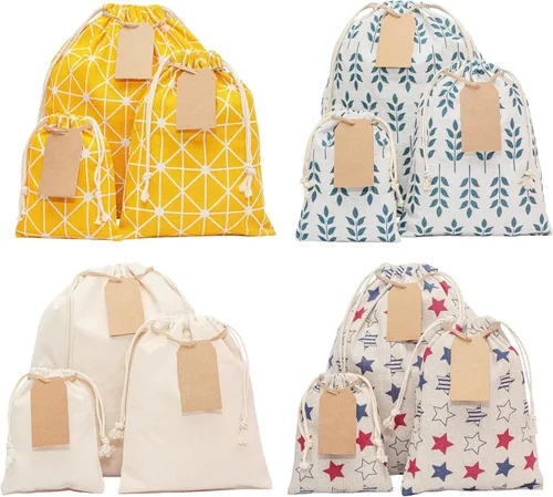 12 bolsas de regalo reutilizables. Bono: 15 etiquetas de regalo y cuerda. Bolsas de regalo multiusos. Bolsas de regalo de varios tamaños para