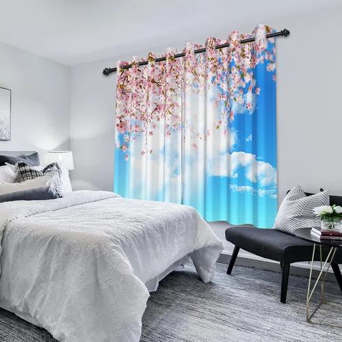 Miniatura 4 de Renaiss Cortinas de ventana con diseño de cerezo Fuji, tratamiento de ventana de cielo azul, flores rosas, cortinas opacas de privacidad para hombre