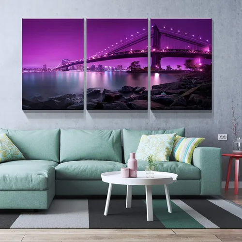 Miniatura 5 de Denozer - Lienzo decorativo para pared de 3 piezas - Paisaje con paisaje urbano, arte de puente, arte de pared para sala de estar, decoración