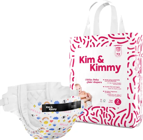 Kim & Kimmy Pañales ecológicos, talla 2, 9-18 libras, 72 pañales – Protección contra fugas de 12 horas, sin erupciones, hipoalergénicos, ultrasuaves