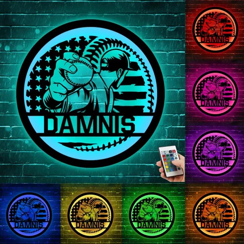 Miniatura 8 de Arte de Pared de Metal Personalizado de Béisbol con Bandera de EE.UU. con Luz LED, Letrero Personalizado con Nombre de Jugador de Sóftbol Americano