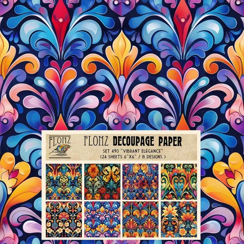 Miniatura 8 de Paquete de papel para decoupage (24 hojas 15x15 cm) Patrones florales monocromáticos FLONZ papel vintage para decoupage, manualidades y álbumes