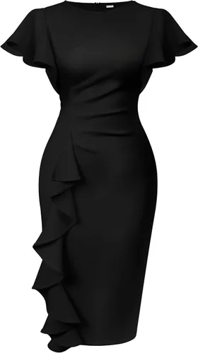 Memoriesea Vestido vintage para mujer, con mangas con volantes, fruncido, entallado y largo por debajo de la rodilla, para el trabajo