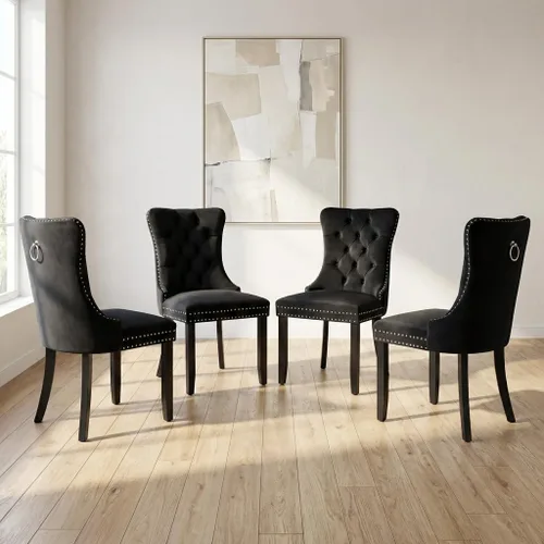 Miniatura 99 de OVENTA Juego de 4 sillas de comedor modernas tapizadas copetudas, terciopelo negro y gris y cuero con patas de madera maciza, sillas de cocina