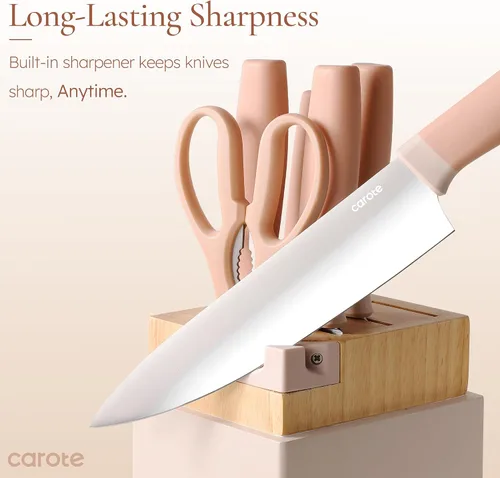 Miniatura 3 de CAROTE Juego de 9 piezas de cuchillos de cocina con bloque y afilador, cuchillos aptos para lavavajillas para cocina, cubiertos forjados con Rosa