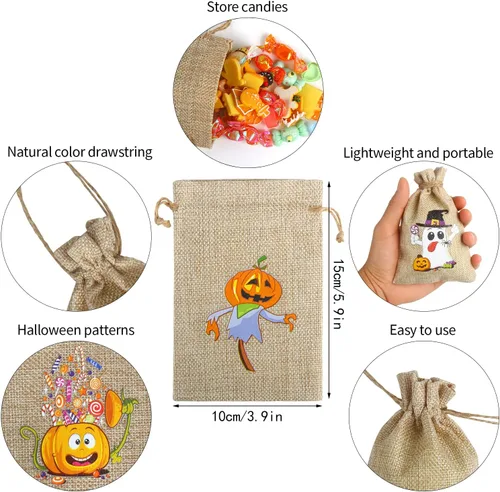 Miniatura 3 de LOKIPA 36 bolsas de regalo de arpillera de Halloween con cordón pequeñas bolsas de yute para niños y adultos, suministros de fiesta
