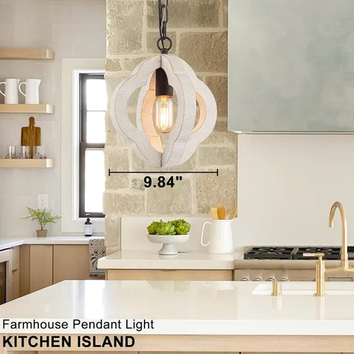Miniatura 3 de Luces colgantes modernas de madera de granja de 9.84 pulgadas, orbe de isla de cocina, roble blanco envejecido, lámpara colgante de techo rústica