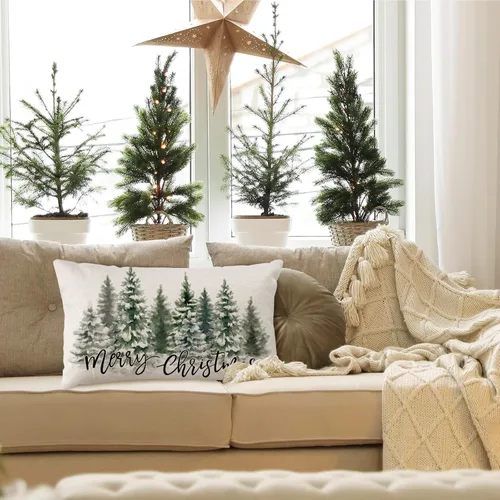 Miniatura 3 de Fundas de almohada de árboles de Navidad de 12 x 20 pulgadas, funda de almohada lumbar verde para decoración de Navidad, acuarela, funda de almohada