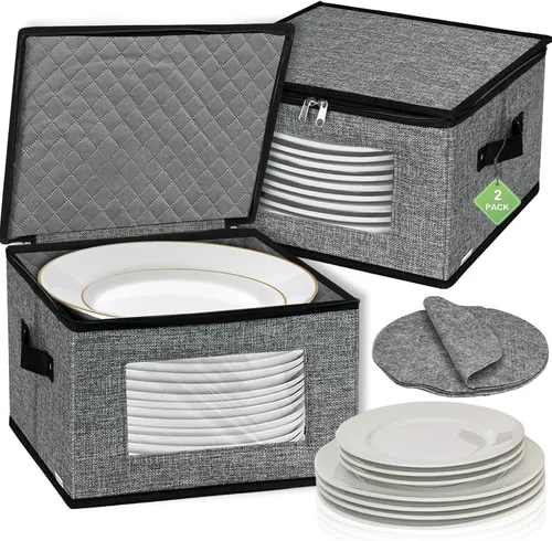 Miniatura 12 de homyfort Contenedores de almacenamiento de China con tapa y asas, caja de almacenamiento de vajilla para platos con 12 separadores de fieltro
