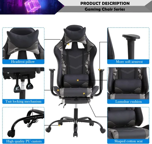 Miniatura 3 de Silla para videojuegos, silla reclinable de piel sintética con soporte lumbar, reposacabezas y respaldo alto, silla de oficina de carreras, silla