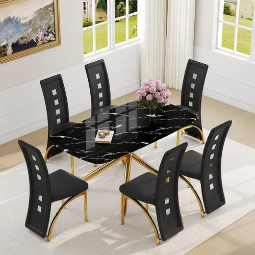 Miniatura 11 de Juego de mesa de comedor moderna para mesa de comedor negra de 4,63 pulgadas, juego de 4 con patas de metal dorado, mesa de cocina rectangular