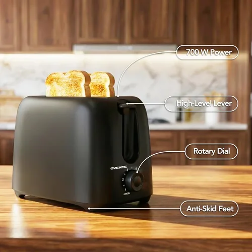 Miniatura 4 de OVENTE Tostadora eléctrica de 2 rebanadas con ajuste selector de tostado de 6 tonos, diseño compacto y bandeja de migas extraíble, potencia de 700