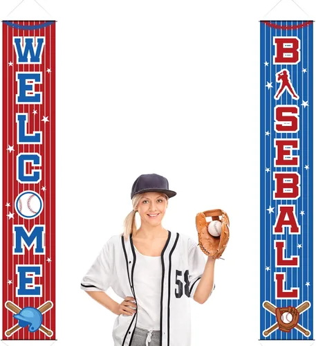 Miniatura 7 de Decoraciones de fiesta de béisbol con temática de béisbol, letrero de porche de cumpleaños, cartel colgante para puerta de béisbol, deportes