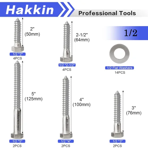 Miniatura 6 de Hakkin - Tornillos hexagonales de 1/2 pulgada de 2 pulgadas, 2-1/2 pulgadas, 3 pulgadas, 4 pulgadas, 5 pulgadas, kit surtido de 28 tornillos