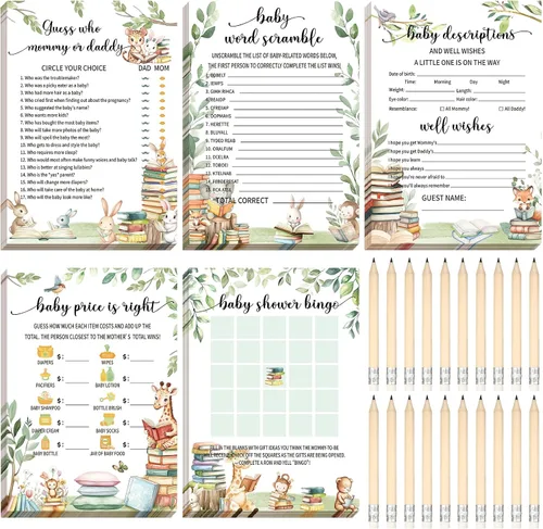 Yinder 145 tarjetas de actividades para juegos de baby shower con 20 lápices, incluye descripción de bingo para bebés y deseos, adivina quién es el
