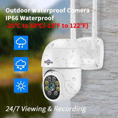 Hiseeu - Cámara de seguridad WiFi de 5MP para exteriores, con inclinación y panorámica de 360°, seguimiento de movimiento, focos, alarma de luz,