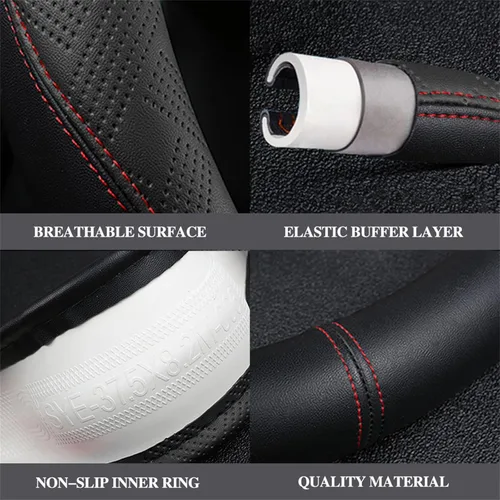 Miniatura 3 de Funda para volante en forma de D, universal de cuero de microfibra transpirable con fondo plano en estilo deportivo, 15 pulgadas/38 cm, negro