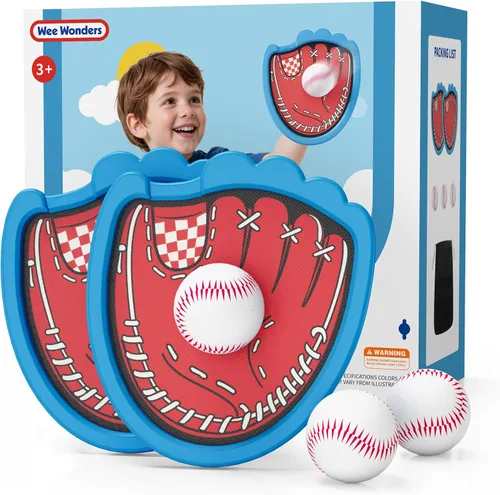 Wee Wonders Juego de pelotas para lanzar y atrapar, guantes de béisbol para niños pequeños que incluye 2 paletas y 3 bolas adhesivas, juego de