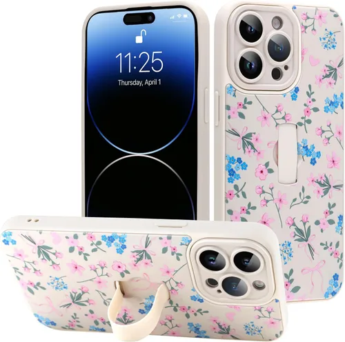 Miniatura 99 de Funda diseñada para iPhone 17 Pro Max con soporte plegable y correa para dedos, bonito patrón de lazo de corazón de flor rosa para mujeres y niñas