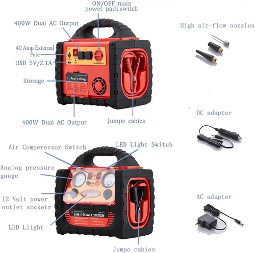 Miniatura 7 de Arrancador de coche de 2200 amperios con compresor de aire, estación de energía portátil con inflador de neumáticos de 260 PSI, inversor de 400 W