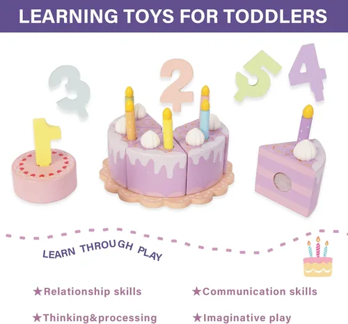 Miniatura 3 de Comida de juego de simulación para niños pequeños de 2 a 5 años, pastel falso de cumpleaños de madera con velas y números, fiesta de té, juguetes