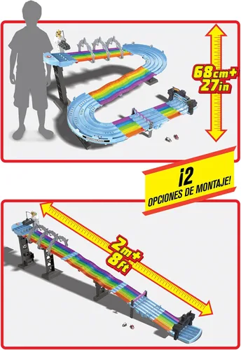 Miniatura 9 de Juego de pista de carreras Hot Wheels Mario Kart Rainbow Road de 8 pies con luces y sonidos y 2 vehículos a escala 1:64, carrera con curso colorido