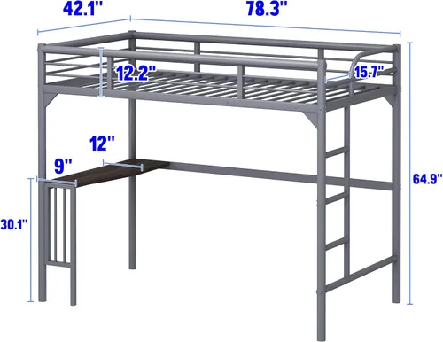 Miniatura 2 de Cama alta de tamaño individual, cama alta con escritorio y estantes de almacenamiento, cama alta de metal tamaño individual con escritorio,
