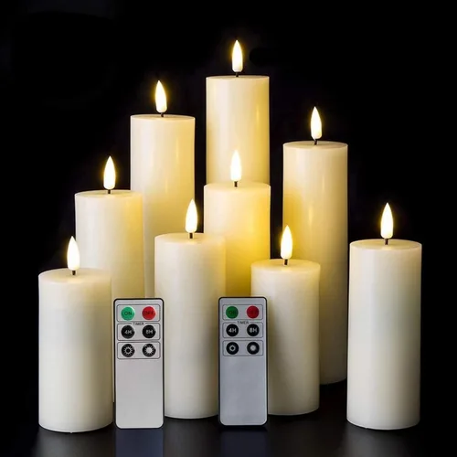 Eywamage Juego de 9 velas de pilar realistas sin llama de color marfil con control remoto, cera real parpadeante con batería LED alta