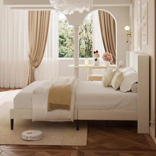 Miniatura 8 de Base de cama tamaño Queen con cabecero vertical Chanel acolchado y respaldo de alas, cama de plataforma tapizada, listones de madera fuertes, fácil