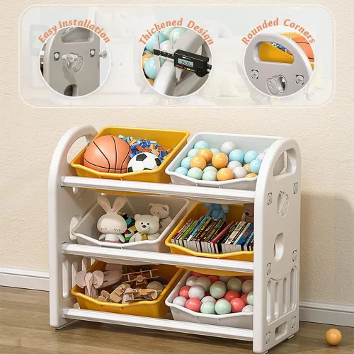Miniatura 4 de Organizador de almacenamiento de juguetes para niños, estantes de 3 niveles, organizador de almacenamiento multifuncional para niños con 6