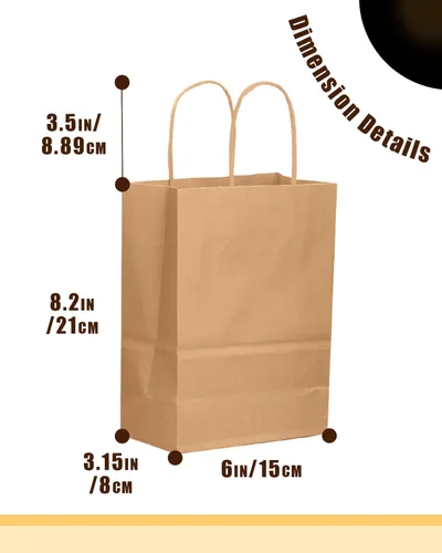 Miniatura 5 de qiqee Paquete de 100 bolsas de regalo de papel marrón con asas a granel de 8.26 x 6 x 3.15 pulgadas, bolsas de regalo de tamaño pequeño