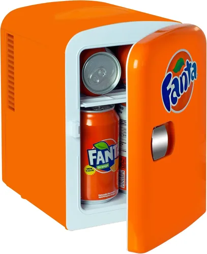 Miniatura 8 de Fanta Mini refrigerador – Refrigerador de 6 latas para dormitorio, oficina, enfriador de bebidas portátil de mesa, refrigerador de 12 V 110 V