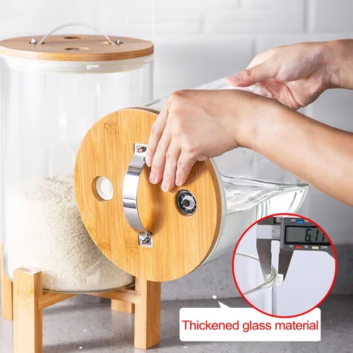 Miniatura 4 de Dispensador de arroz de 5 L, cubo de vidrio dispensador de granos, dispensador de cereales para cocina y organización de despensa, recipiente grande