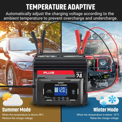 Miniatura 5 de Cargador de batería de automóvil, 12V/24V 15 Amp Cargador de batería para plomo-ácido (AGM/Gel/SLA/EFB) y LiFePO4, cargador inteligente automático