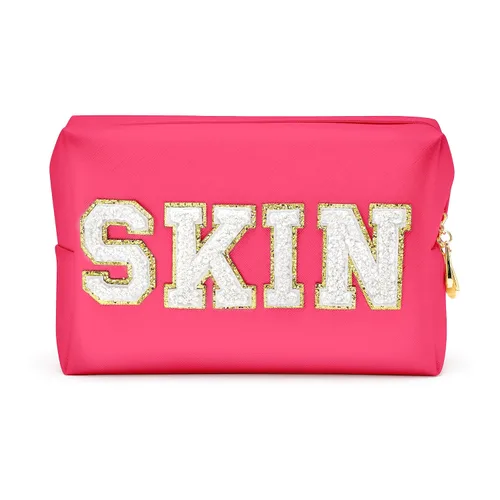 Y1tvei Preppy Patch SKIN - Neceser de piel sintética con letras blancas, bolsa de maquillaje portátil para uso diario, bolsa de almacenamiento para