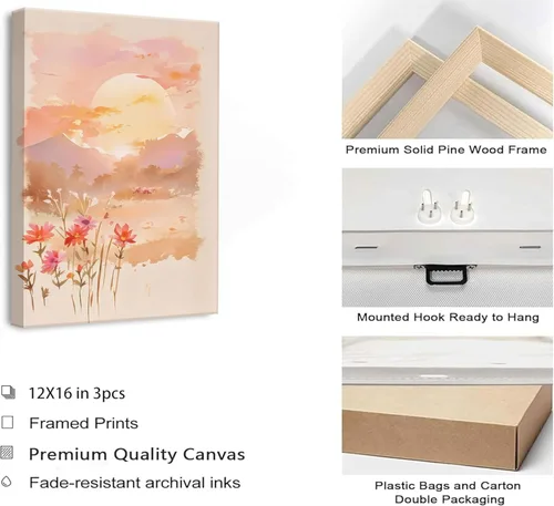 Miniatura 7 de 3 piezas de lienzo de amanecer para pared, flores silvestres rosas rubor, flores silvestres florales y naranjas, acuarela, pinturas de paisaje
