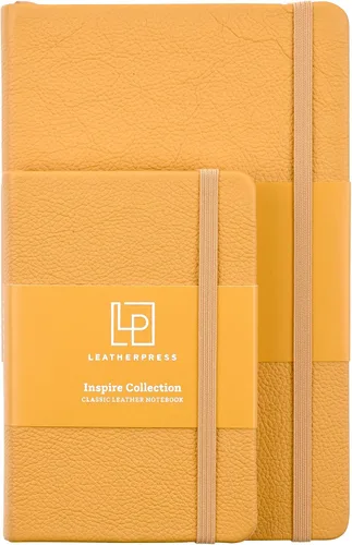 Miniatura 5 de Cuaderno clásico de cuero, tapa dura, cierre elástico, páginas con rayas estrechas, colección Inspire Amarillo (Butter Yellow)