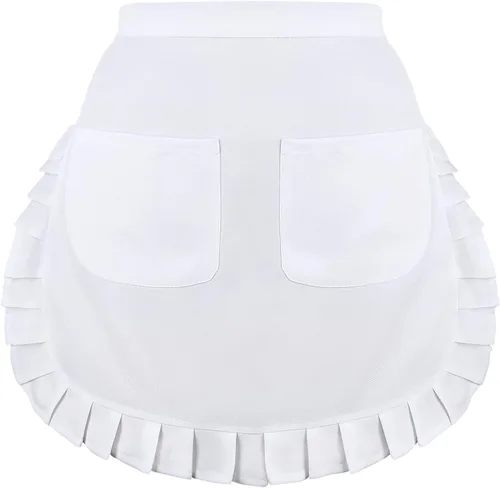 Delantal de cintura blanca con 2 bolsillos, medio delantal blanco para mujer, delantal de camarera para cocina, restaurante, bistró, cafetería
