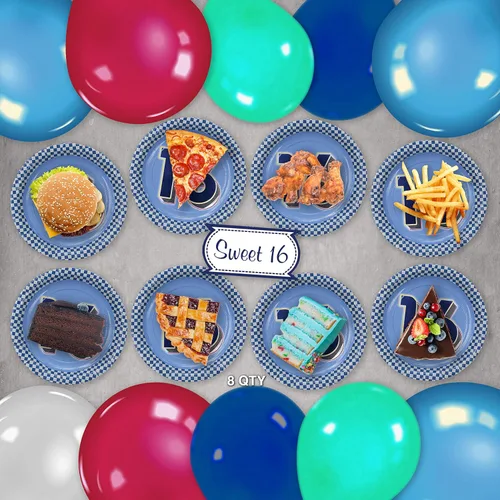 Miniatura 4 de Havercamp Fiesta de cumpleaños número 16 para niños, 8 platos con impresión de lámina de lujo.
