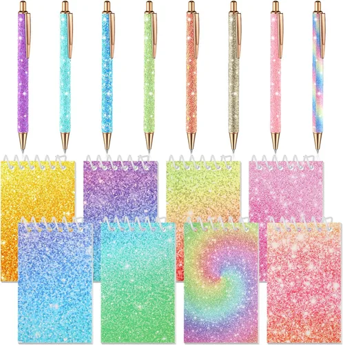 Miniatura 7 de Sherr Juego de 16 bolígrafos y cuadernos con purpurina, mini bloc de notas en espiral, bolígrafos elegantes para niños, niñas, mujeres, lentejuelas