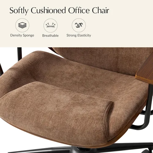 Miniatura 6 de HULALA HOME Silla de oficina de madera maciza con función mecedora, cómoda silla de escritorio de tela con base de madera doblada y metal, silla