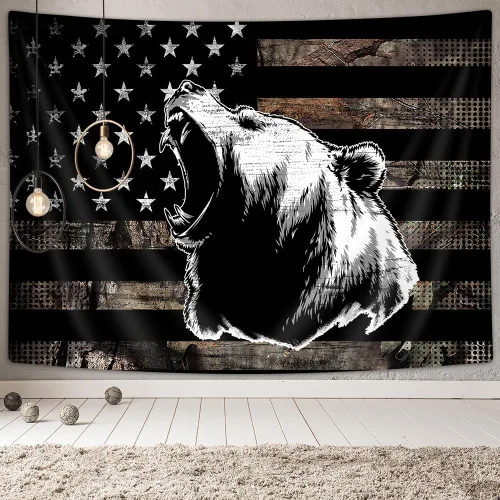 Miniatura 3 de Tapiz de Oso con Bandera Americana Country, Tapiz Rústico de Caza Camo Bass Bear en Blanco y Negro para Colgar en la Pared para Dormitorio de Oso