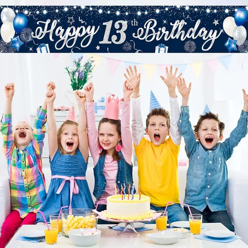 Miniatura 4 de Domgoge Cartel de decoración de feliz cumpleaños número 13, grande, azul y plateado, cartel de feliz cumpleaños de 13 años, suministros