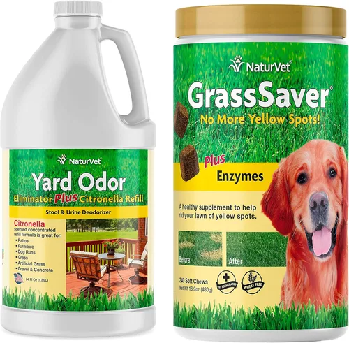 NaturVet GrassSaver - Eliminador de olores de 240 unidades y patio más citronela paquete de recambio de 64 onzas | Mantén la hierba verde, elimina