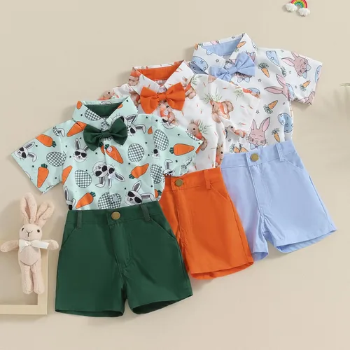 Miniatura 2 de Lnzyyephy Conjunto de ropa de verano para bebé niño, camisa de manga corta con botones + pantalones cortos sólidos