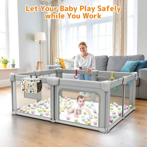 Miniatura 9 de Corralito plegable para bebés con alfombra, corralito de 71 x 59 pulgadas para bebés y niños pequeños, corral de juegos plegable grande, patio